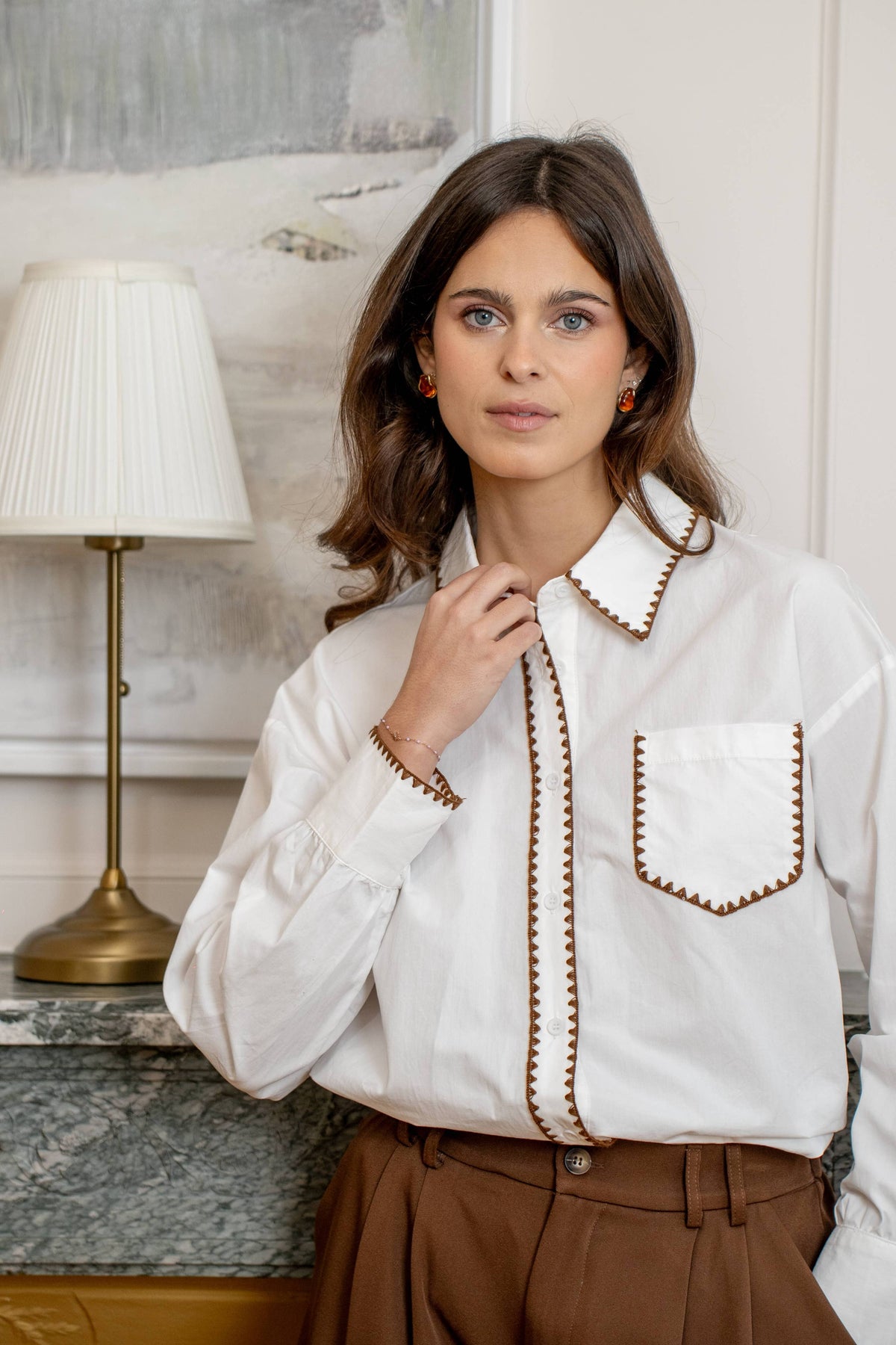 L & C Brown Embroidery Shirt  ( Sz S-L)